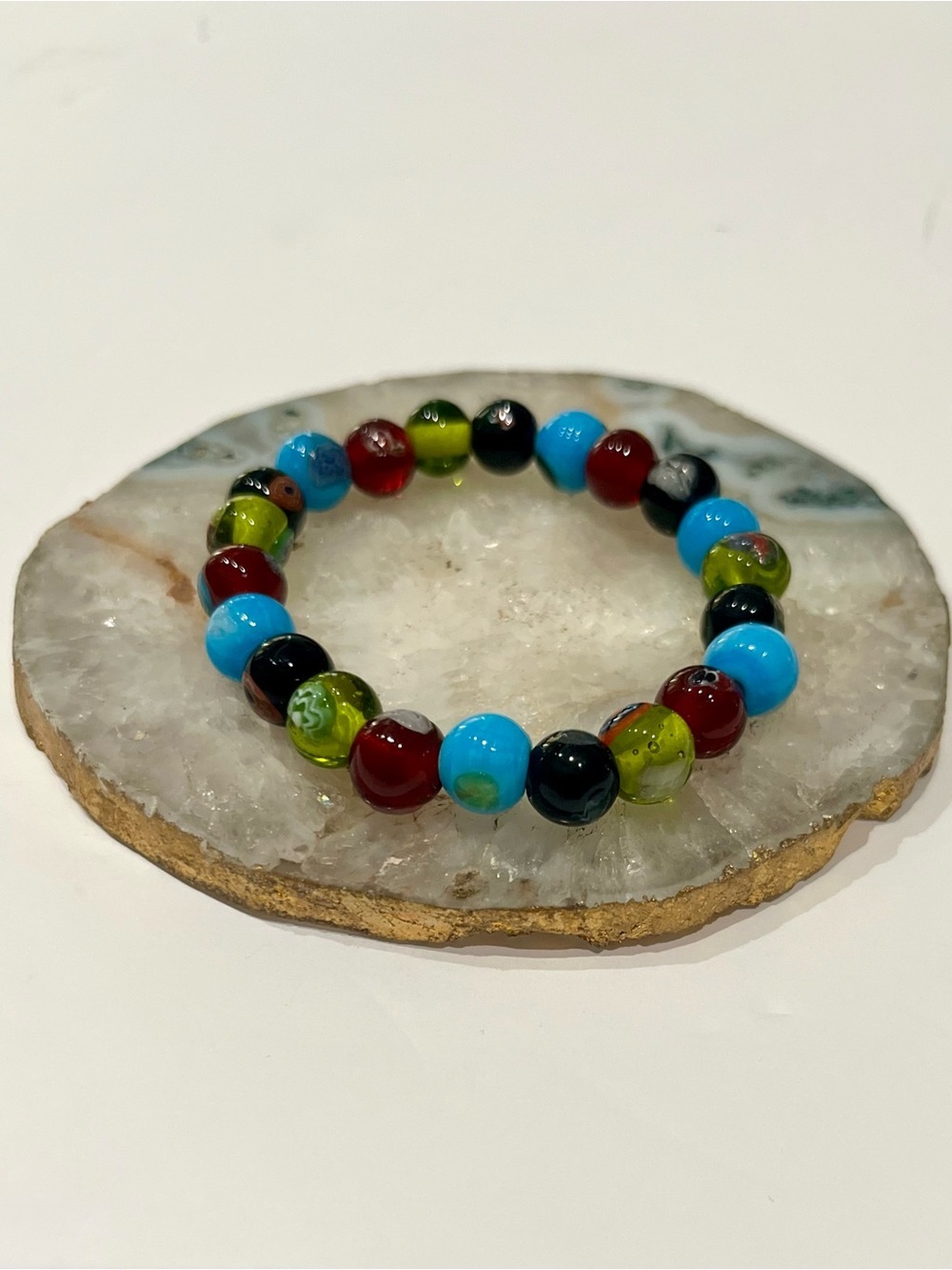 Multicolor Glass Bead Stretch Bracelet - Blue, Red & Green $10